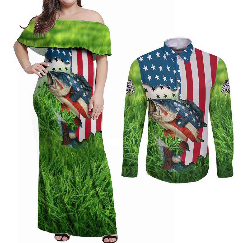 American Flag Bass Fishing Design Couples Matching Off Shoulder Maxi Dress and Long Sleeve Button Shirt with Largemouth Bass and Green Grass Background - Wonder Print Shop