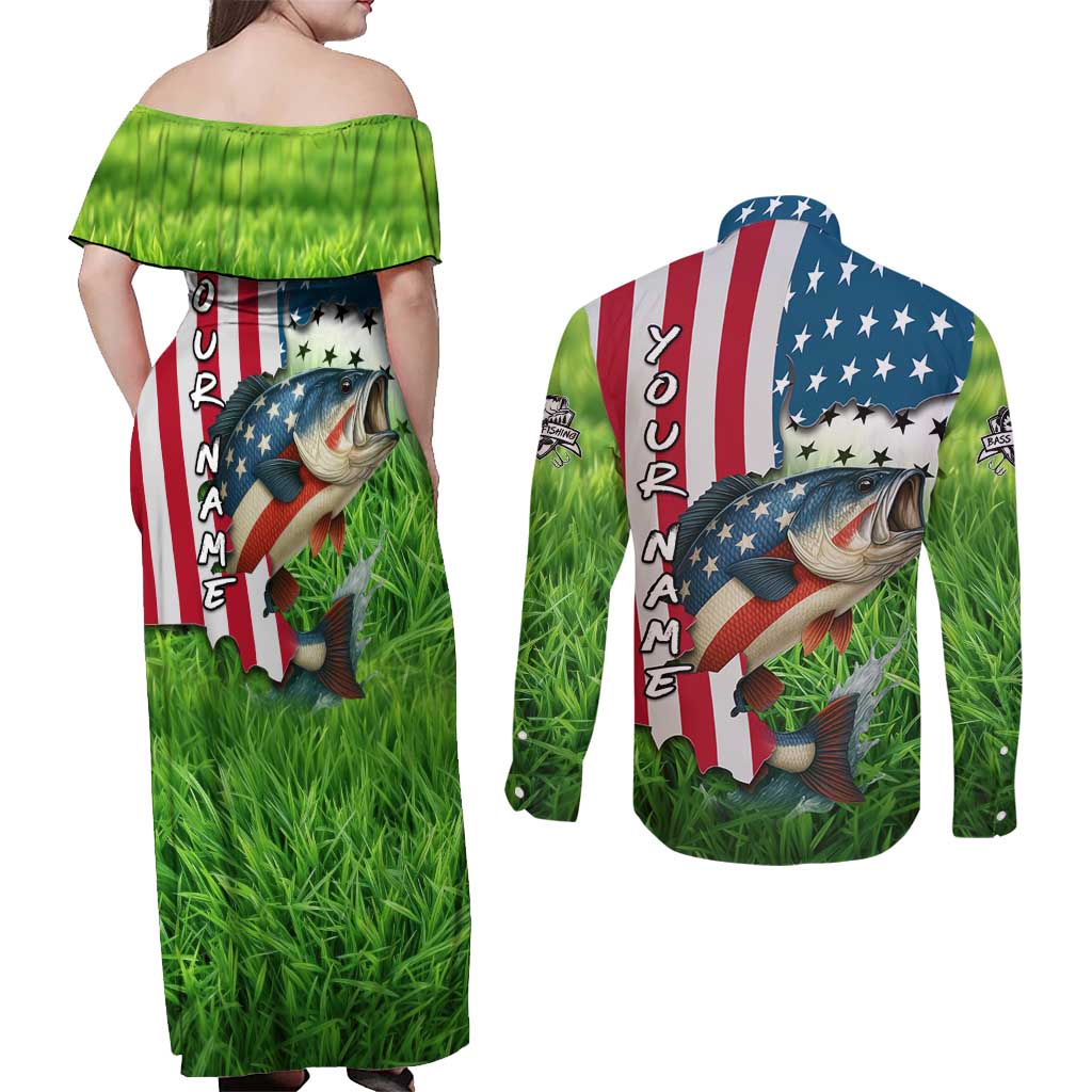 American Flag Bass Fishing Design Couples Matching Off Shoulder Maxi Dress and Long Sleeve Button Shirt with Largemouth Bass and Green Grass Background - Wonder Print Shop