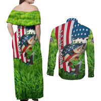 American Flag Bass Fishing Design Couples Matching Off Shoulder Maxi Dress and Long Sleeve Button Shirt with Largemouth Bass and Green Grass Background - Wonder Print Shop