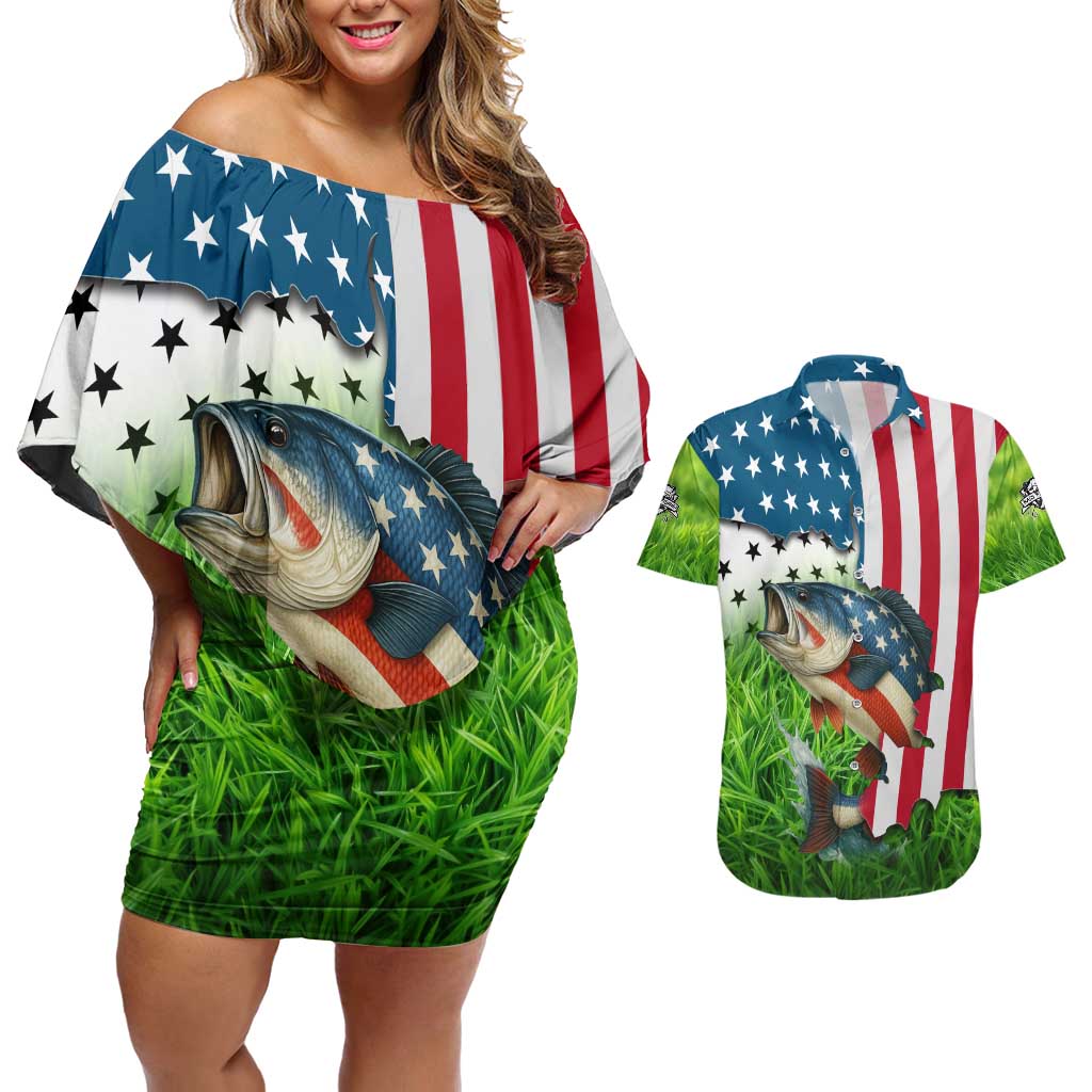 American Flag Bass Fishing Design Couples Matching Off Shoulder Short Dress and Hawaiian Shirt with Largemouth Bass and Green Grass Background - Wonder Print Shop