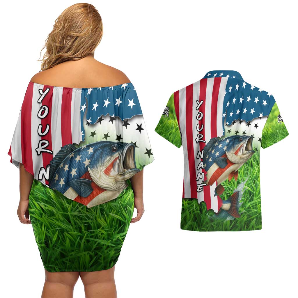 American Flag Bass Fishing Design Couples Matching Off Shoulder Short Dress and Hawaiian Shirt with Largemouth Bass and Green Grass Background - Wonder Print Shop