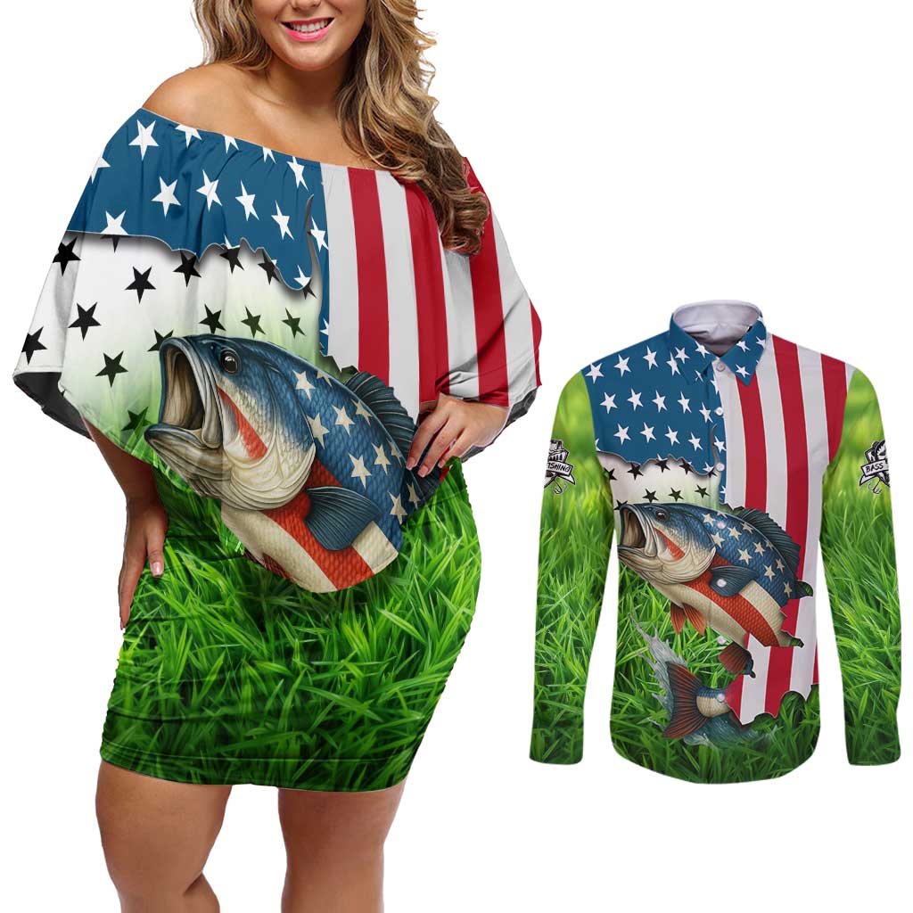 American Flag Bass Fishing Design Couples Matching Off Shoulder Short Dress and Long Sleeve Button Shirt with Largemouth Bass and Green Grass Background - Wonder Print Shop