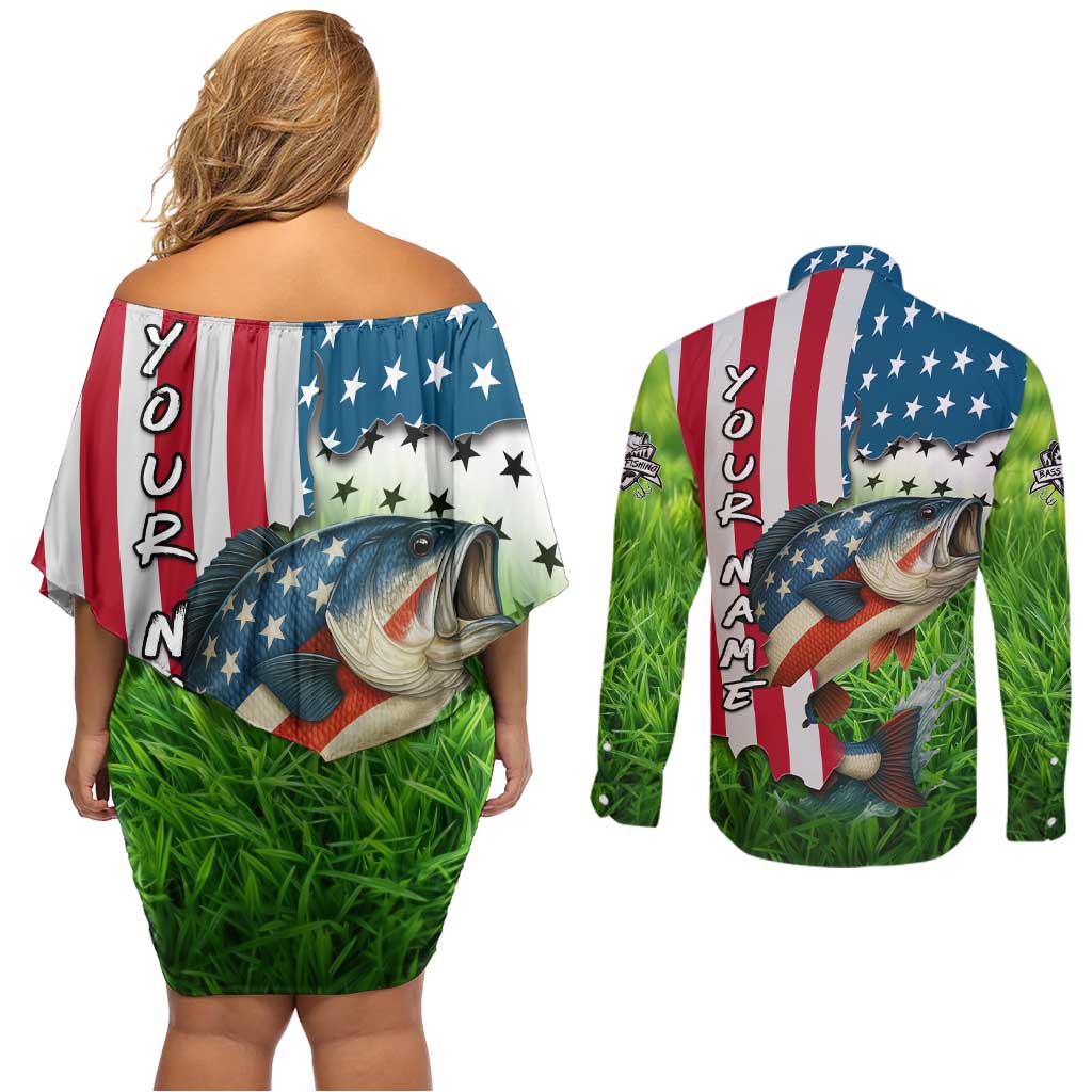 American Flag Bass Fishing Design Couples Matching Off Shoulder Short Dress and Long Sleeve Button Shirt with Largemouth Bass and Green Grass Background - Wonder Print Shop