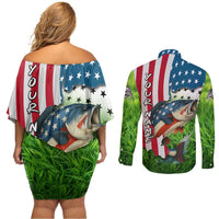 American Flag Bass Fishing Design Couples Matching Off Shoulder Short Dress and Long Sleeve Button Shirt with Largemouth Bass and Green Grass Background - Wonder Print Shop