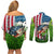 American Flag Bass Fishing Design Couples Matching Off Shoulder Short Dress and Long Sleeve Button Shirt with Largemouth Bass and Green Grass Background - Wonder Print Shop