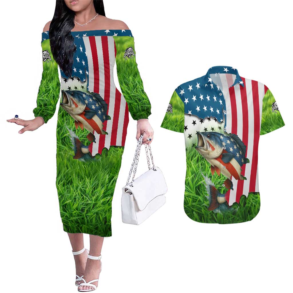 American Flag Bass Fishing Design Couples Matching Off The Shoulder Long Sleeve Dress and Hawaiian Shirt with Largemouth Bass and Green Grass Background - Wonder Print Shop