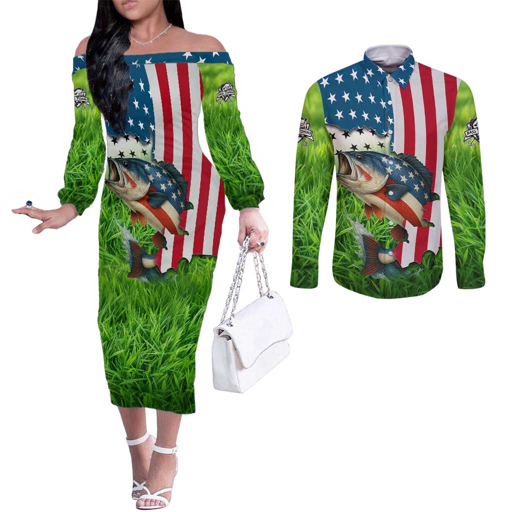 American Flag Bass Fishing Design Couples Matching Off The Shoulder Long Sleeve Dress and Long Sleeve Button Shirt with Largemouth Bass and Green Grass Background - Wonder Print Shop