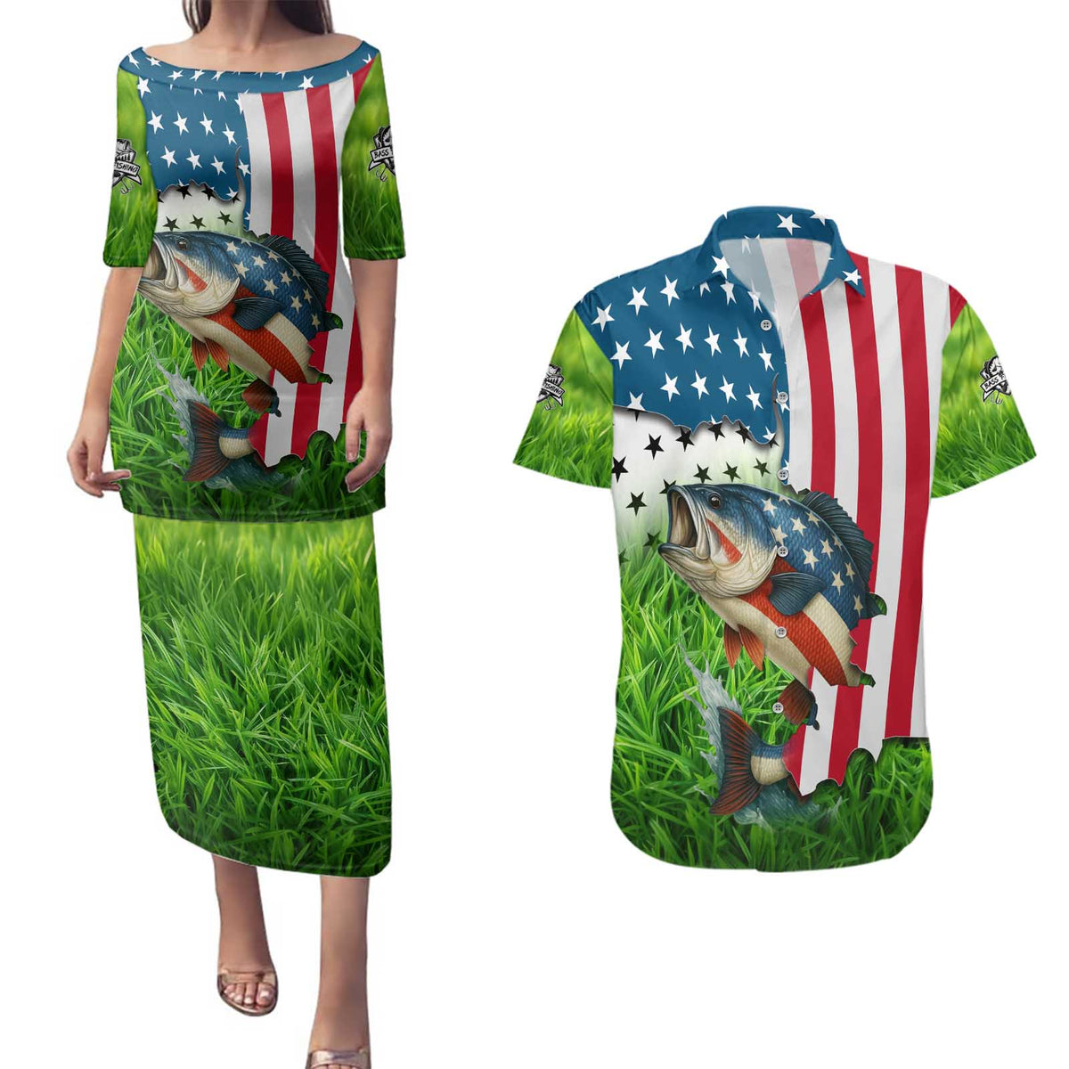 American Flag Bass Fishing Design Couples Matching Puletasi and Hawaiian Shirt with Largemouth Bass and Green Grass Background - Wonder Print Shop