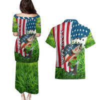 American Flag Bass Fishing Design Couples Matching Puletasi and Hawaiian Shirt with Largemouth Bass and Green Grass Background - Wonder Print Shop