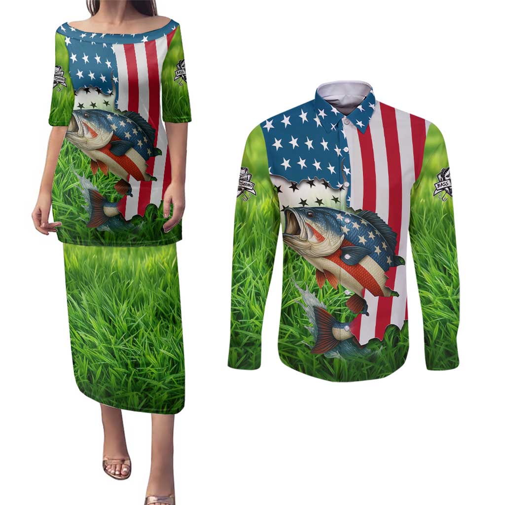 American Flag Bass Fishing Design Couples Matching Puletasi and Long Sleeve Button Shirt with Largemouth Bass and Green Grass Background - Wonder Print Shop