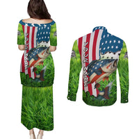 American Flag Bass Fishing Design Couples Matching Puletasi and Long Sleeve Button Shirt with Largemouth Bass and Green Grass Background - Wonder Print Shop