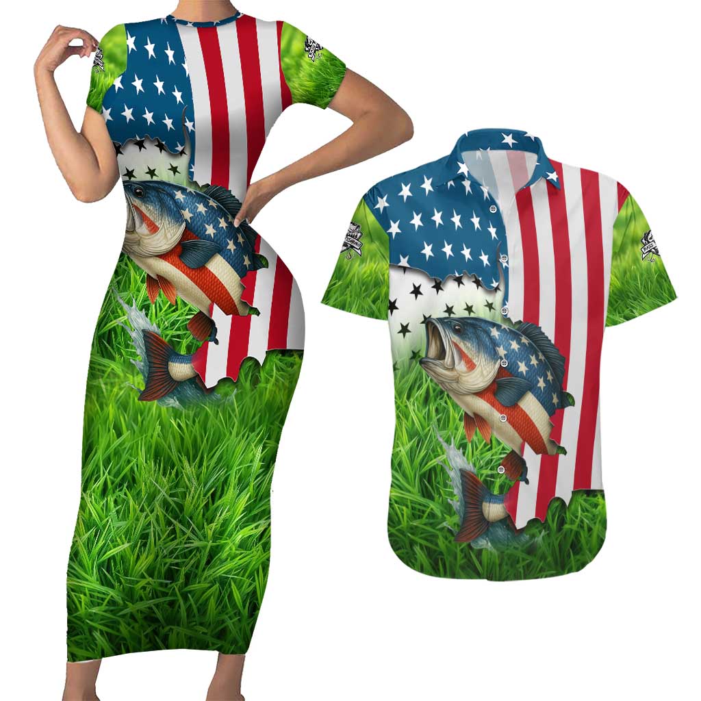 American Flag Bass Fishing Design Couples Matching Short Sleeve Bodycon Dress and Hawaiian Shirt with Largemouth Bass and Green Grass Background - Wonder Print Shop