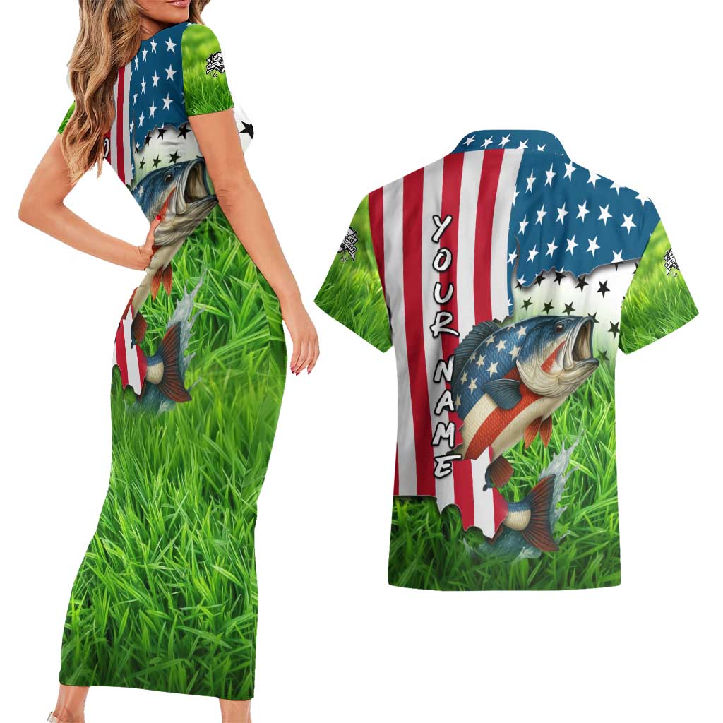 American Flag Bass Fishing Design Couples Matching Short Sleeve Bodycon Dress and Hawaiian Shirt with Largemouth Bass and Green Grass Background - Wonder Print Shop