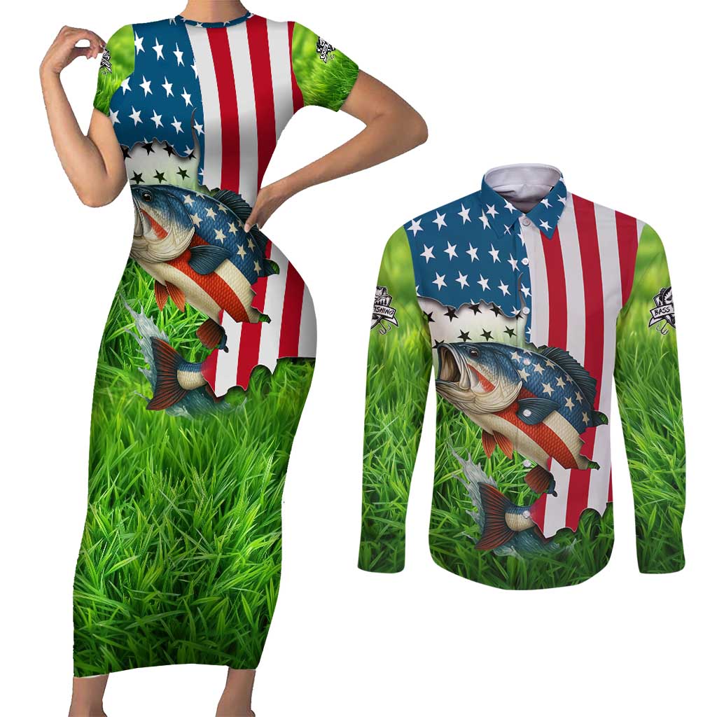 American Flag Bass Fishing Design Couples Matching Short Sleeve Bodycon Dress and Long Sleeve Button Shirt with Largemouth Bass and Green Grass Background - Wonder Print Shop