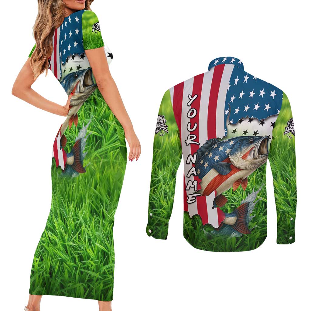 American Flag Bass Fishing Design Couples Matching Short Sleeve Bodycon Dress and Long Sleeve Button Shirt with Largemouth Bass and Green Grass Background - Wonder Print Shop