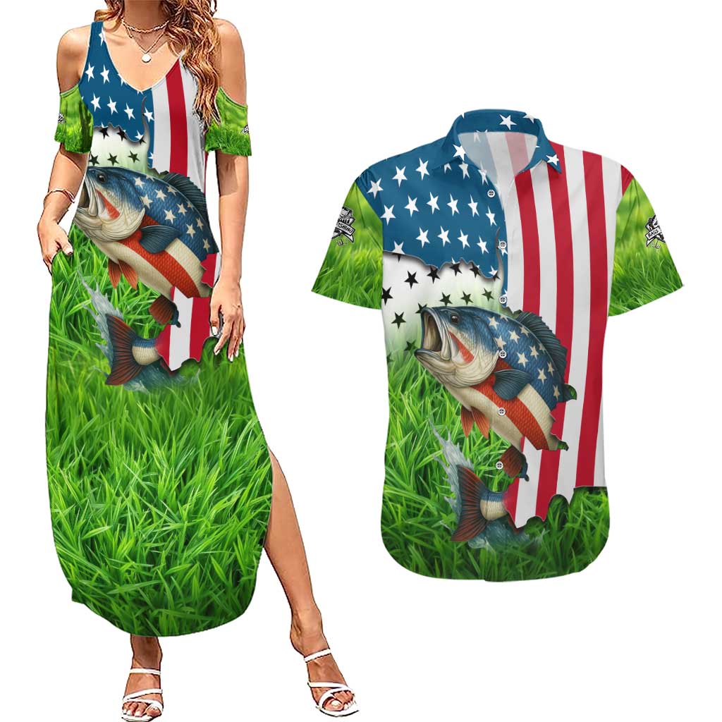 American Flag Bass Fishing Design Couples Matching Summer Maxi Dress and Hawaiian Shirt with Largemouth Bass and Green Grass Background - Wonder Print Shop