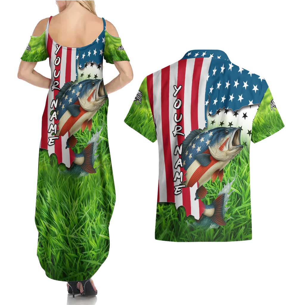 American Flag Bass Fishing Design Couples Matching Summer Maxi Dress and Hawaiian Shirt with Largemouth Bass and Green Grass Background - Wonder Print Shop