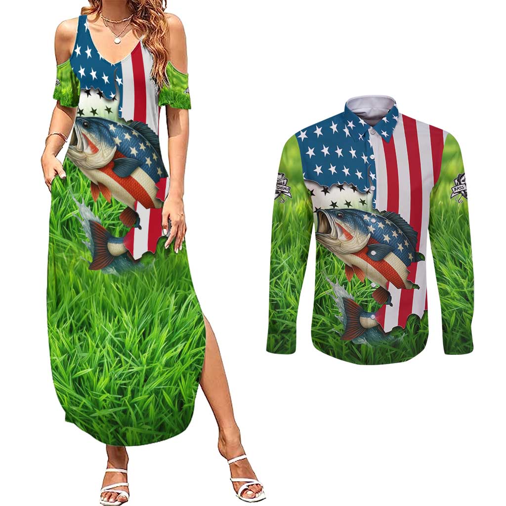 American Flag Bass Fishing Design Couples Matching Summer Maxi Dress and Long Sleeve Button Shirt with Largemouth Bass and Green Grass Background - Wonder Print Shop