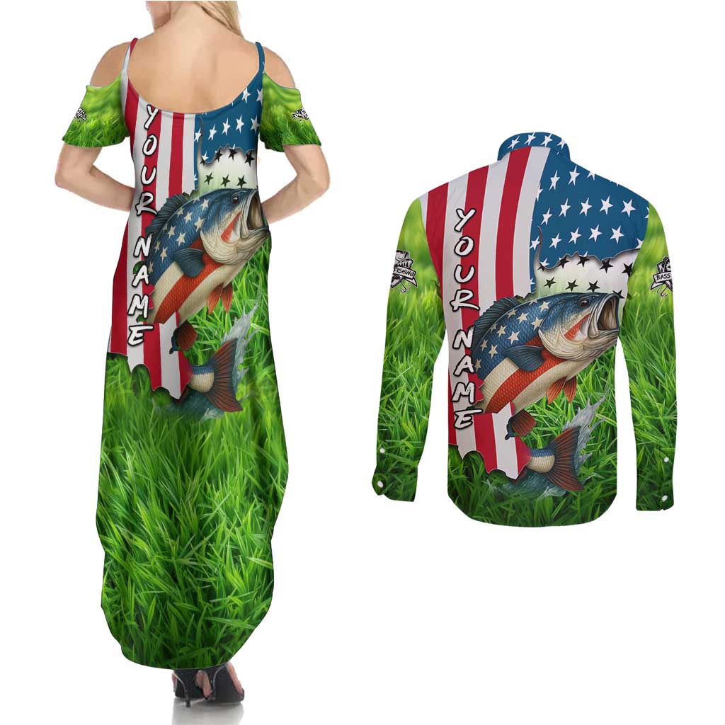 American Flag Bass Fishing Design Couples Matching Summer Maxi Dress and Long Sleeve Button Shirt with Largemouth Bass and Green Grass Background - Wonder Print Shop