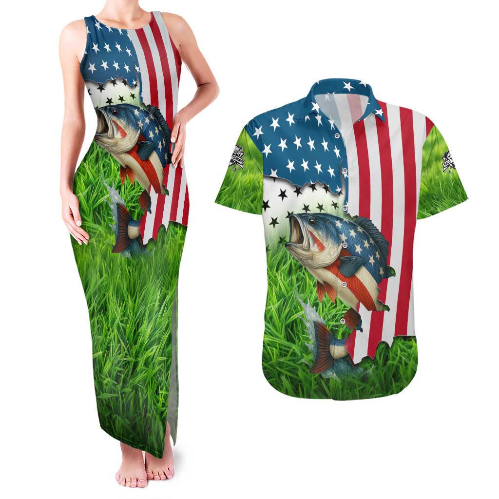 American Flag Bass Fishing Design Couples Matching Tank Maxi Dress and Hawaiian Shirt with Largemouth Bass and Green Grass Background - Wonder Print Shop