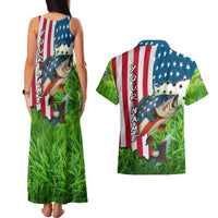 American Flag Bass Fishing Design Couples Matching Tank Maxi Dress and Hawaiian Shirt with Largemouth Bass and Green Grass Background - Wonder Print Shop