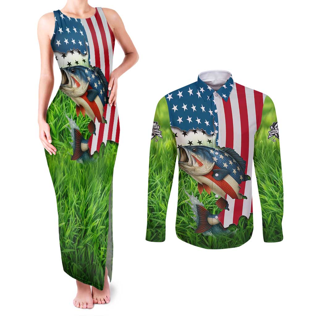 American Flag Bass Fishing Design Couples Matching Tank Maxi Dress and Long Sleeve Button Shirt with Largemouth Bass and Green Grass Background - Wonder Print Shop