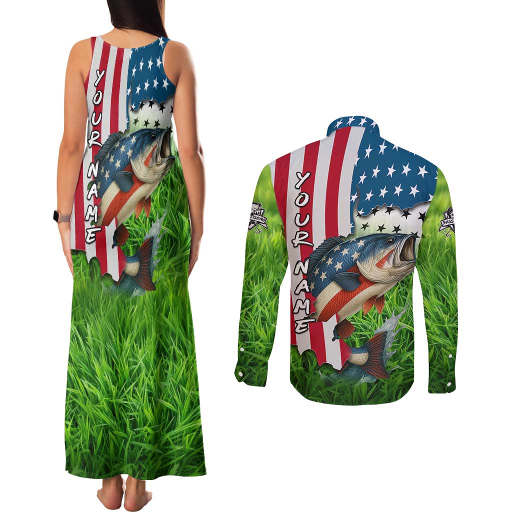 American Flag Bass Fishing Design Couples Matching Tank Maxi Dress and Long Sleeve Button Shirt with Largemouth Bass and Green Grass Background - Wonder Print Shop