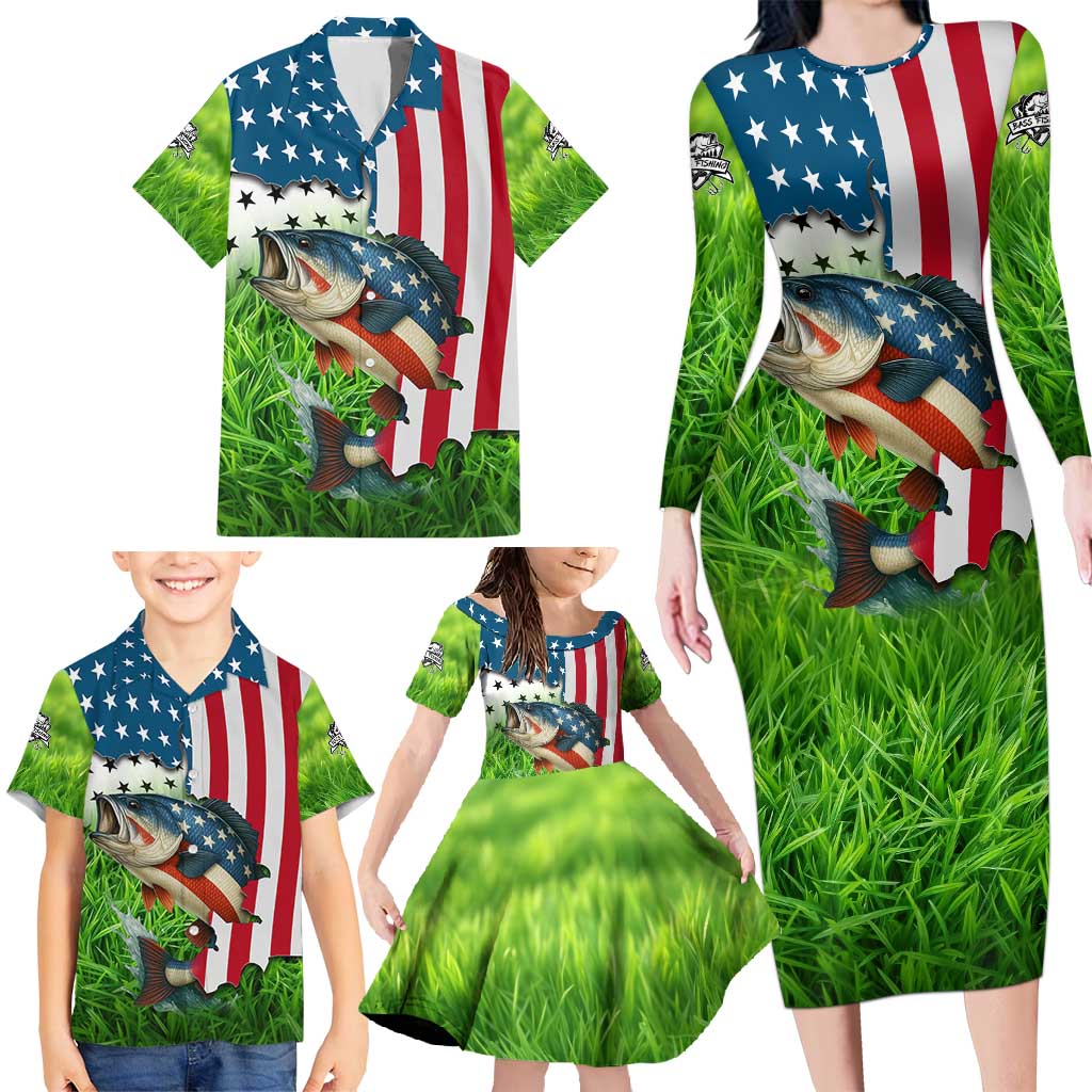 American Flag Bass Fishing Design Family Matching Long Sleeve Bodycon Dress and Hawaiian Shirt with Largemouth Bass and Green Grass Background - Wonder Print Shop