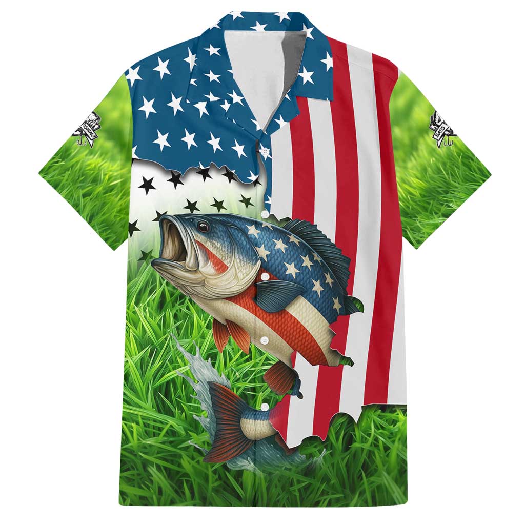 American Flag Bass Fishing Design Family Matching Long Sleeve Bodycon Dress and Hawaiian Shirt with Largemouth Bass and Green Grass Background - Wonder Print Shop