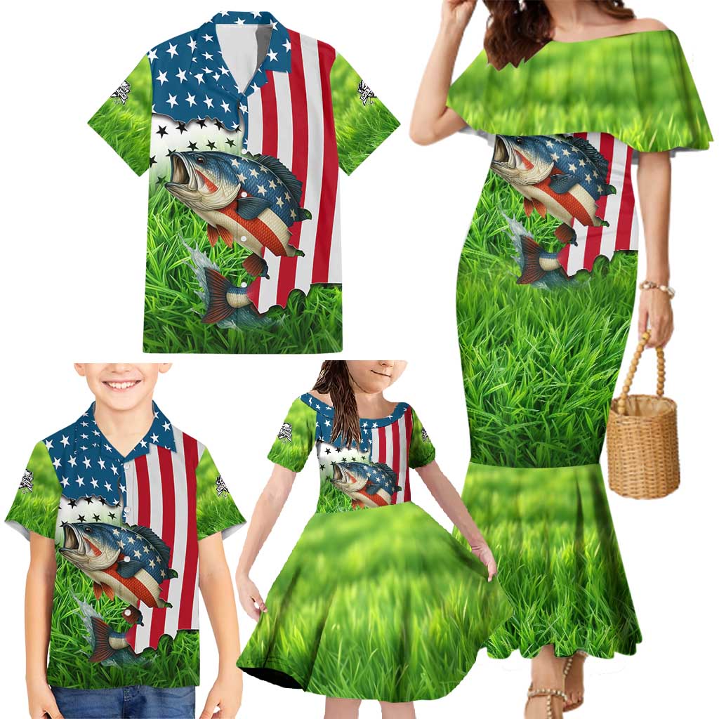 American Flag Bass Fishing Design Family Matching Mermaid Dress and Hawaiian Shirt with Largemouth Bass and Green Grass Background - Wonder Print Shop