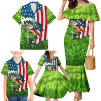 American Flag Bass Fishing Design Family Matching Mermaid Dress and Hawaiian Shirt with Largemouth Bass and Green Grass Background - Wonder Print Shop