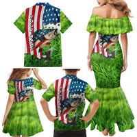 American Flag Bass Fishing Design Family Matching Mermaid Dress and Hawaiian Shirt with Largemouth Bass and Green Grass Background - Wonder Print Shop