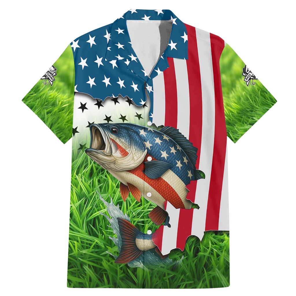 American Flag Bass Fishing Design Family Matching Mermaid Dress and Hawaiian Shirt with Largemouth Bass and Green Grass Background - Wonder Print Shop