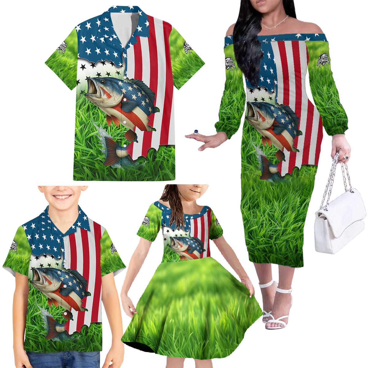 American Flag Bass Fishing Design Family Matching Off The Shoulder Long Sleeve Dress and Hawaiian Shirt with Largemouth Bass and Green Grass Background - Wonder Print Shop