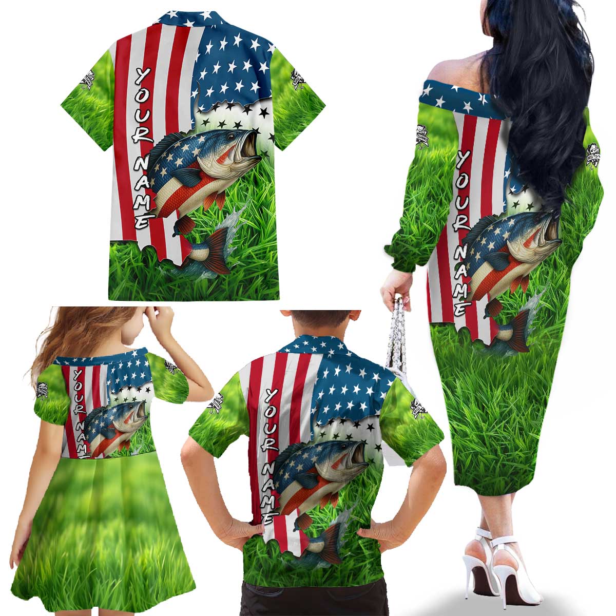 American Flag Bass Fishing Design Family Matching Off The Shoulder Long Sleeve Dress and Hawaiian Shirt with Largemouth Bass and Green Grass Background - Wonder Print Shop