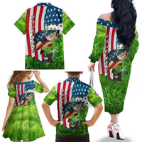 American Flag Bass Fishing Design Family Matching Off The Shoulder Long Sleeve Dress and Hawaiian Shirt with Largemouth Bass and Green Grass Background - Wonder Print Shop