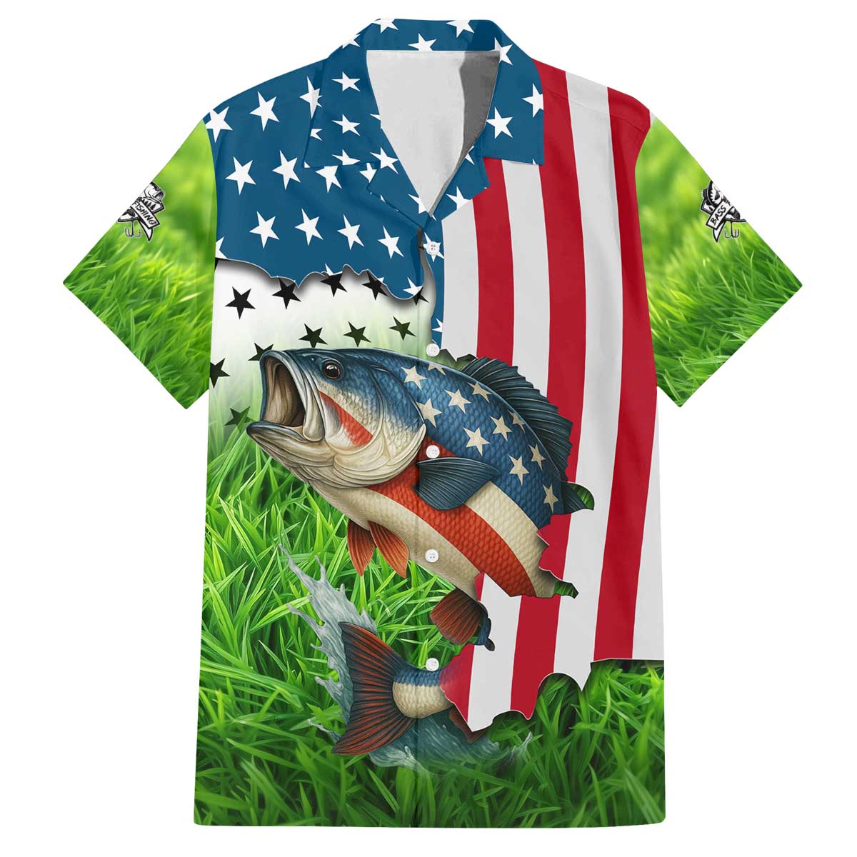 American Flag Bass Fishing Design Family Matching Off The Shoulder Long Sleeve Dress and Hawaiian Shirt with Largemouth Bass and Green Grass Background - Wonder Print Shop