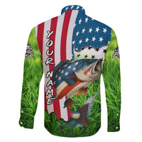 American Flag Bass Fishing Design Family Matching Off The Shoulder Long Sleeve Dress and Hawaiian Shirt with Largemouth Bass and Green Grass Background - Wonder Print Shop