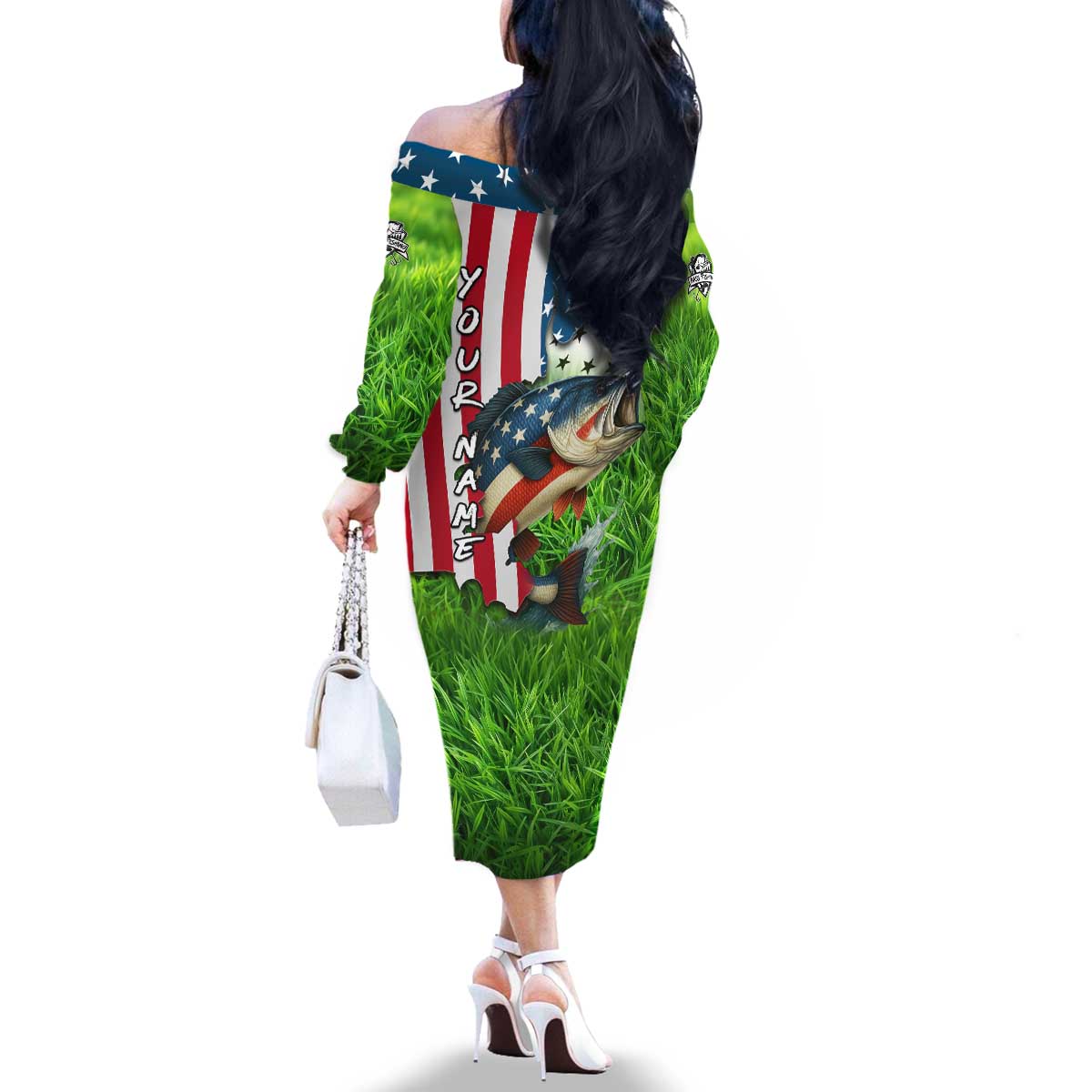 American Flag Bass Fishing Design Family Matching Off The Shoulder Long Sleeve Dress and Hawaiian Shirt with Largemouth Bass and Green Grass Background - Wonder Print Shop