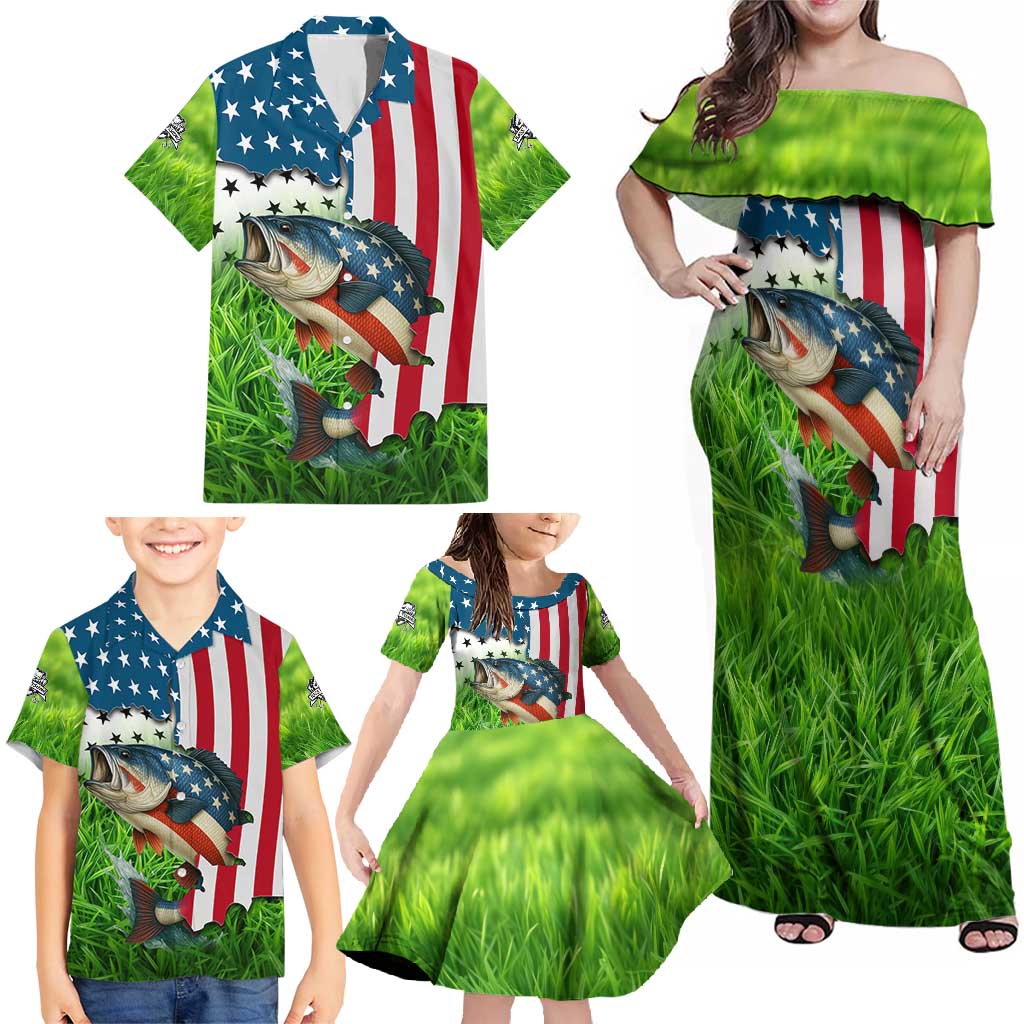 American Flag Bass Fishing Design Family Matching Off Shoulder Maxi Dress and Hawaiian Shirt with Largemouth Bass and Green Grass Background - Wonder Print Shop