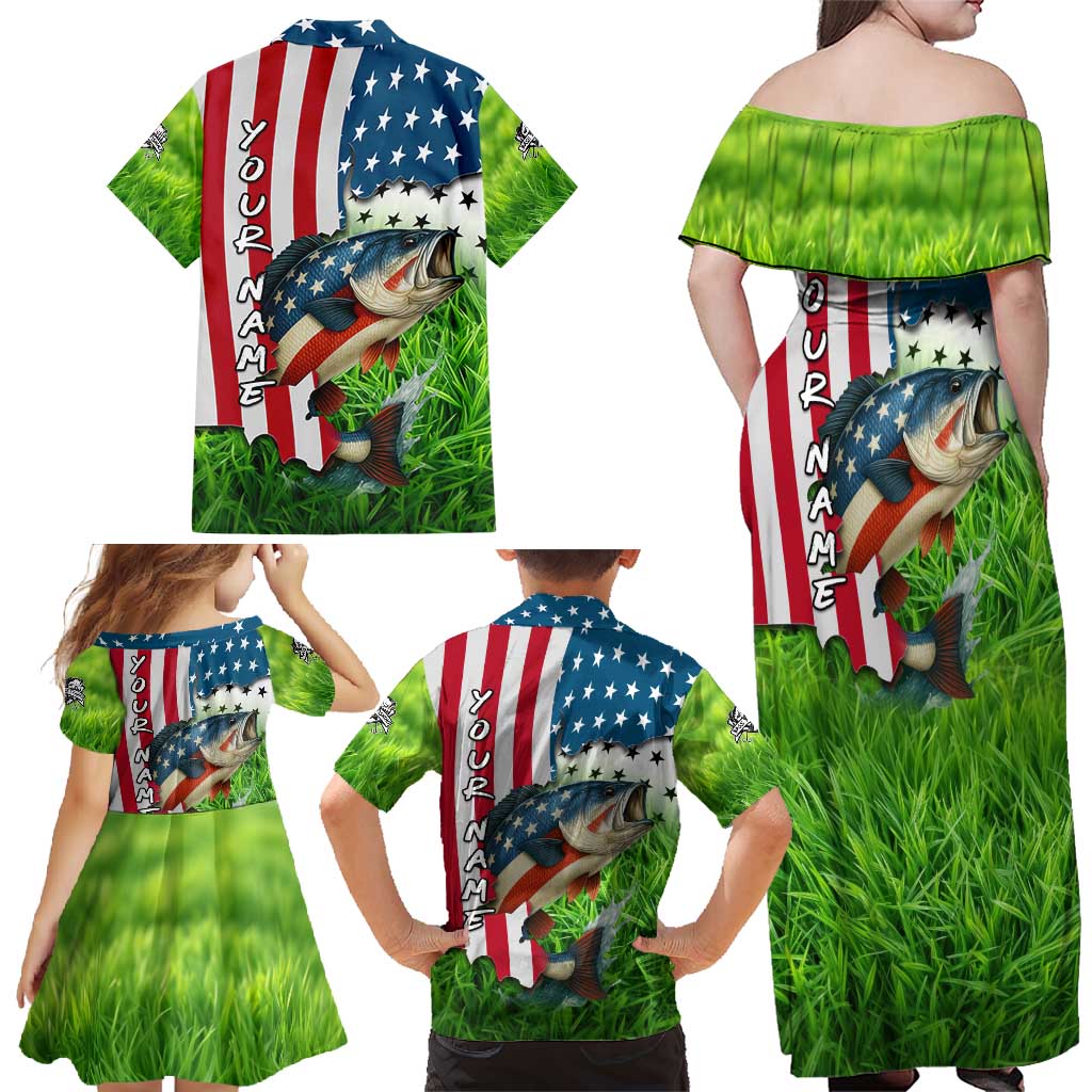 American Flag Bass Fishing Design Family Matching Off Shoulder Maxi Dress and Hawaiian Shirt with Largemouth Bass and Green Grass Background - Wonder Print Shop