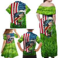 American Flag Bass Fishing Design Family Matching Off Shoulder Maxi Dress and Hawaiian Shirt with Largemouth Bass and Green Grass Background - Wonder Print Shop