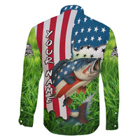 American Flag Bass Fishing Design Family Matching Off Shoulder Maxi Dress and Hawaiian Shirt with Largemouth Bass and Green Grass Background - Wonder Print Shop