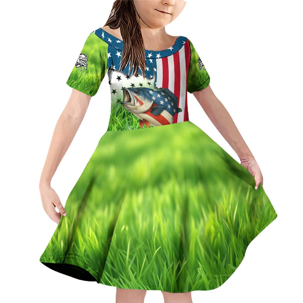 American Flag Bass Fishing Design Family Matching Off Shoulder Short Dress and Hawaiian Shirt with Largemouth Bass and Green Grass Background - Wonder Print Shop