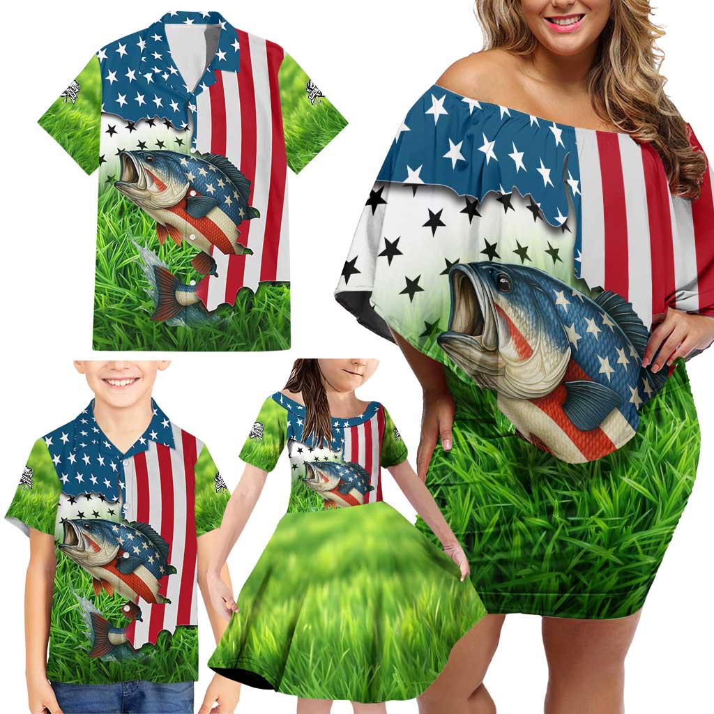 American Flag Bass Fishing Design Family Matching Off Shoulder Short Dress and Hawaiian Shirt with Largemouth Bass and Green Grass Background - Wonder Print Shop
