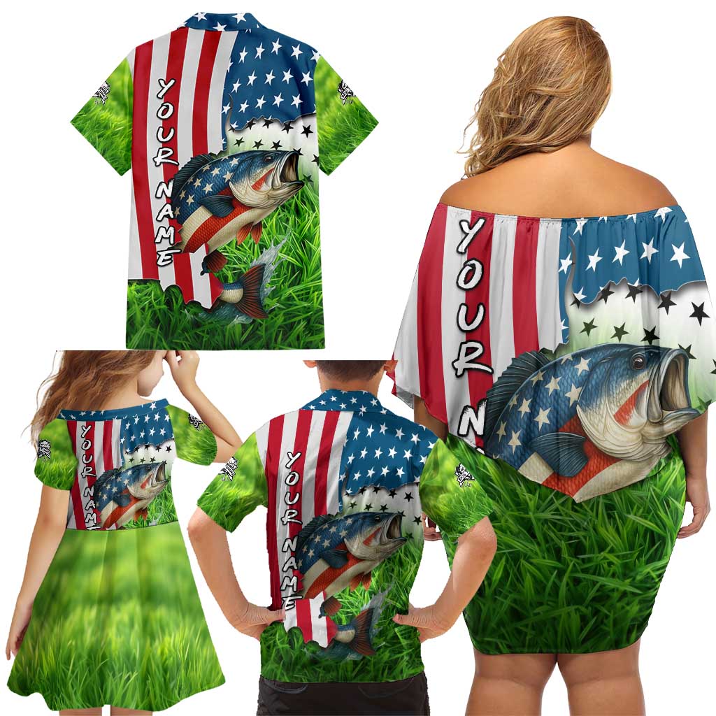 American Flag Bass Fishing Design Family Matching Off Shoulder Short Dress and Hawaiian Shirt with Largemouth Bass and Green Grass Background - Wonder Print Shop