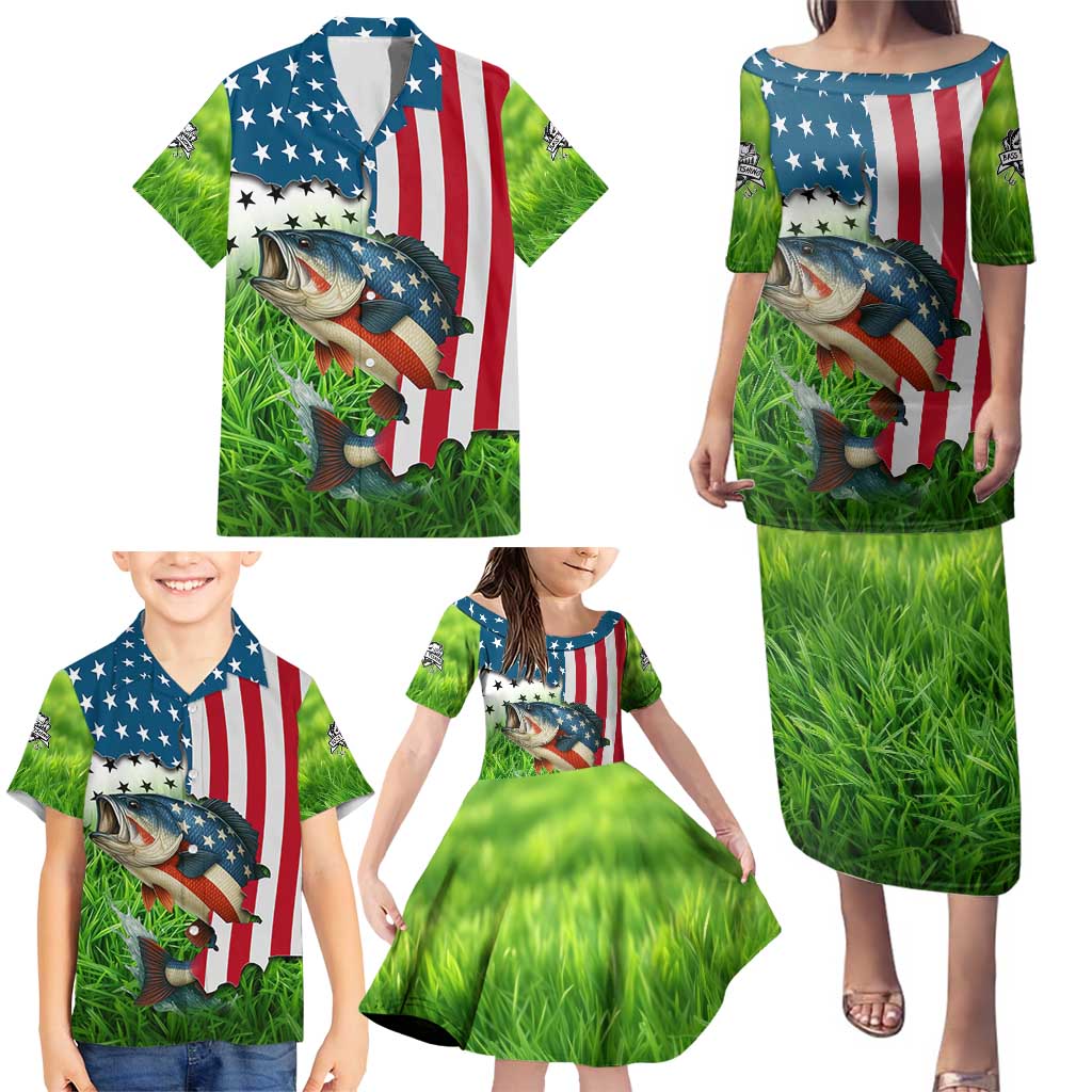 American Flag Bass Fishing Design Family Matching Puletasi and Hawaiian Shirt with Largemouth Bass and Green Grass Background - Wonder Print Shop
