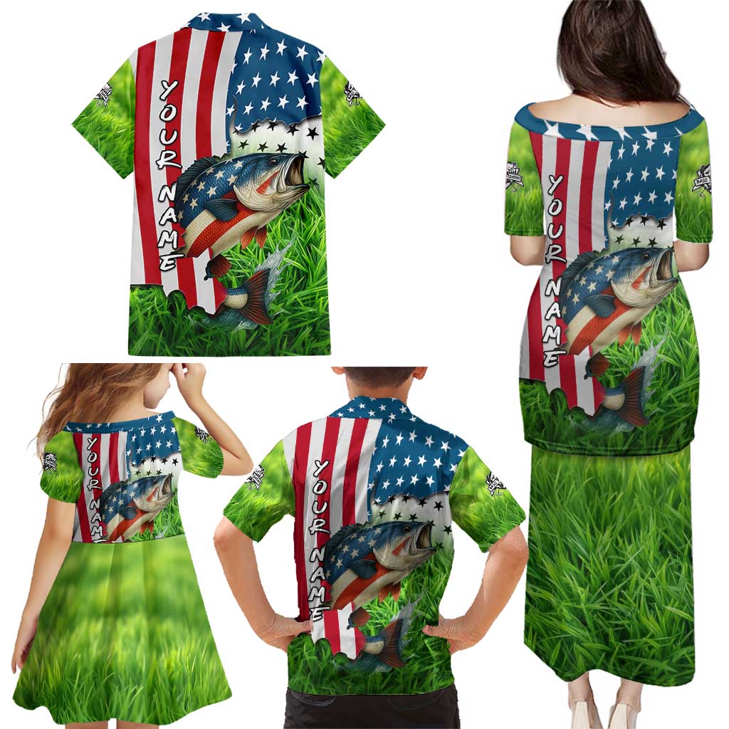 American Flag Bass Fishing Design Family Matching Puletasi and Hawaiian Shirt with Largemouth Bass and Green Grass Background - Wonder Print Shop