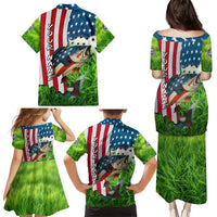 American Flag Bass Fishing Design Family Matching Puletasi and Hawaiian Shirt with Largemouth Bass and Green Grass Background - Wonder Print Shop