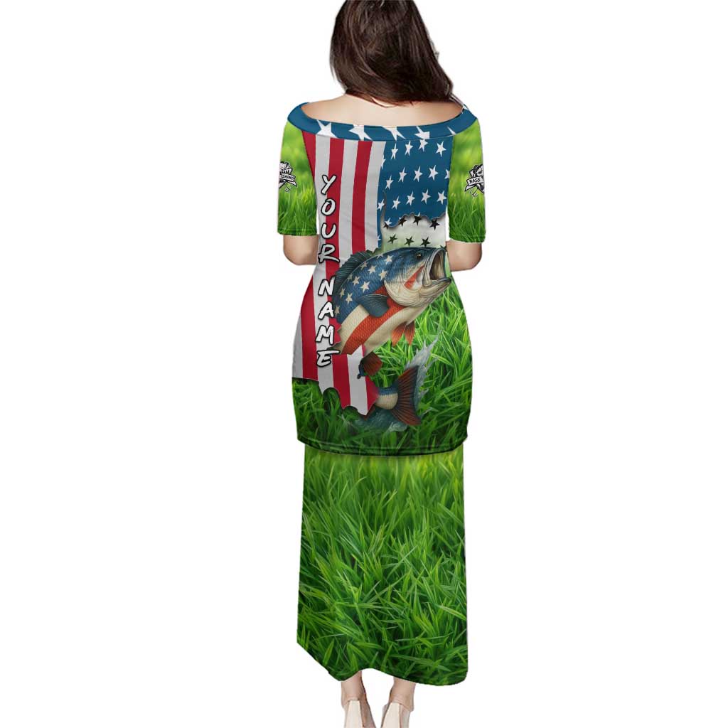 American Flag Bass Fishing Design Family Matching Puletasi and Hawaiian Shirt with Largemouth Bass and Green Grass Background - Wonder Print Shop